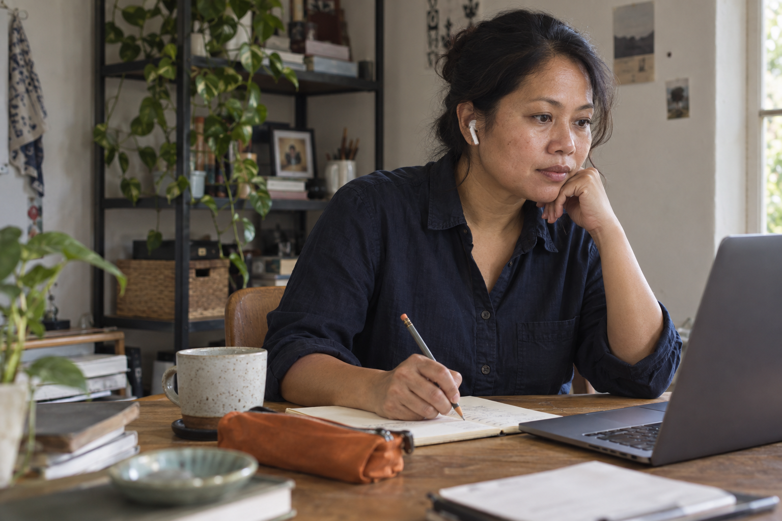 Illustrative scene of a recruiter listening and taking notes during a call.
